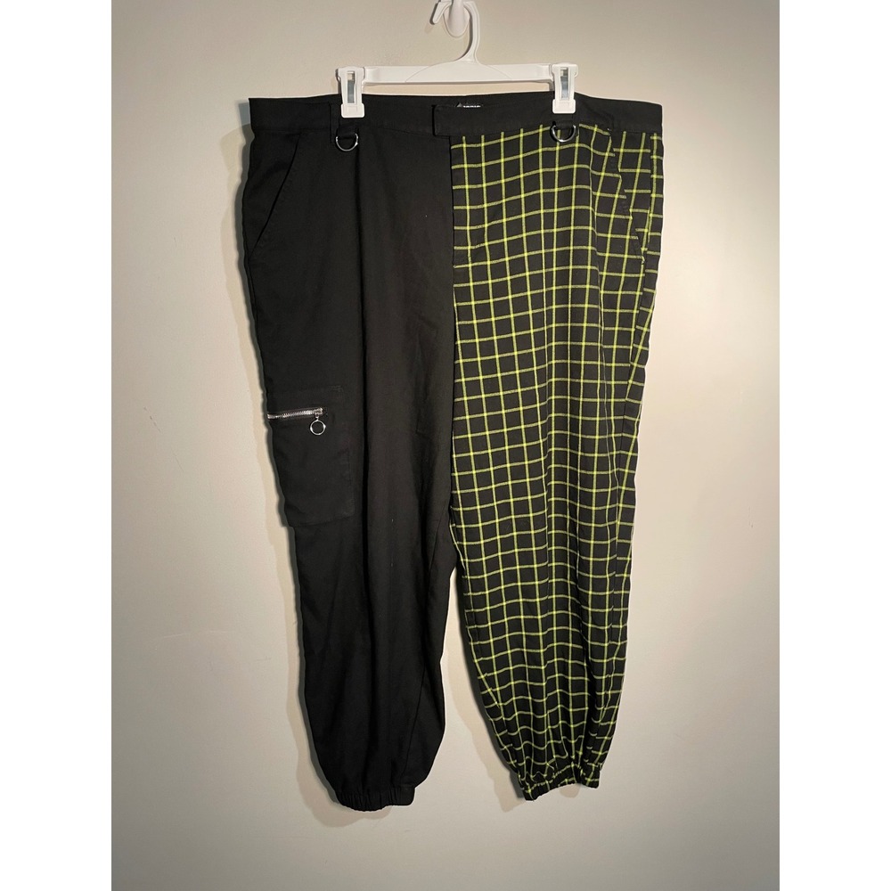 Sz 20 Hot Topic Black and Neon Green Grid Two-Tone Track Joggers